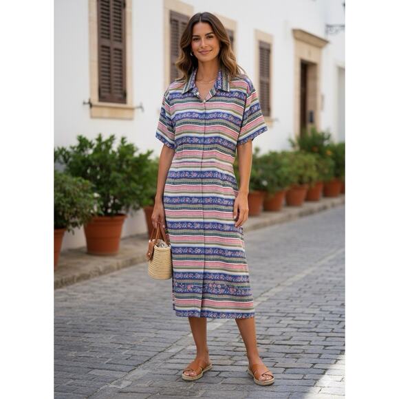 Vintage Talbots 100% Silk Button Up Dress Pink Blue Striped Floral sz 8 Bohemian - Picture 2 of 10